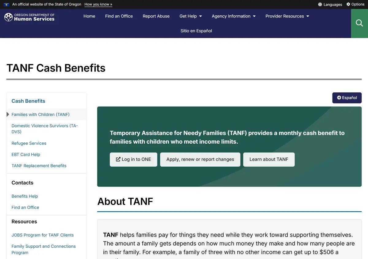 The Oregon ODHS TANF program page.