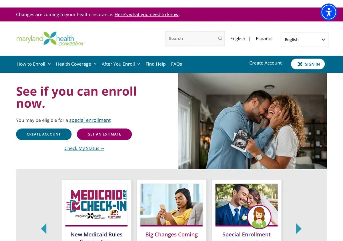 The Maryland Health Connection homepage.