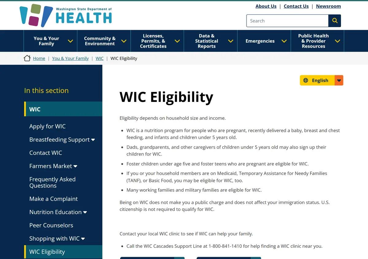 The WIC eligibility page with the July 2026 income table.