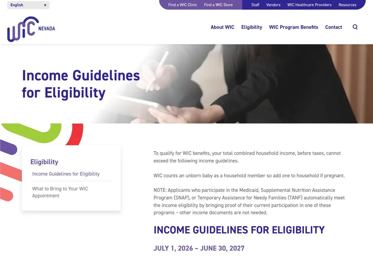 The Nevada WIC income guidelines page.