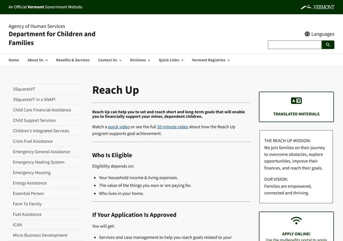 The Vermont Reach Up program page.