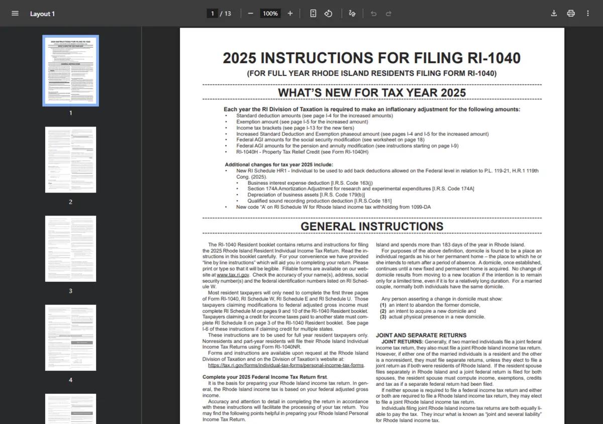 The Rhode Island RI-1040 resident return instructions.