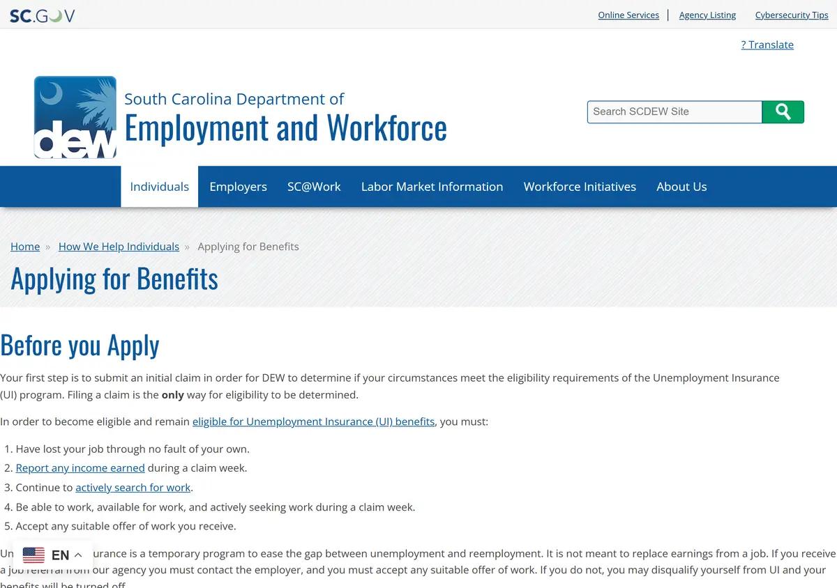 The South Carolina DEW applying-for-benefits page.