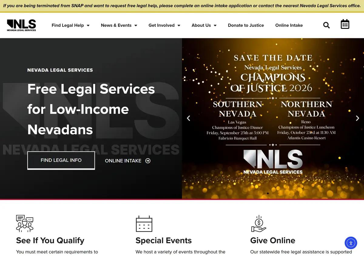 The Nevada Legal Services homepage.