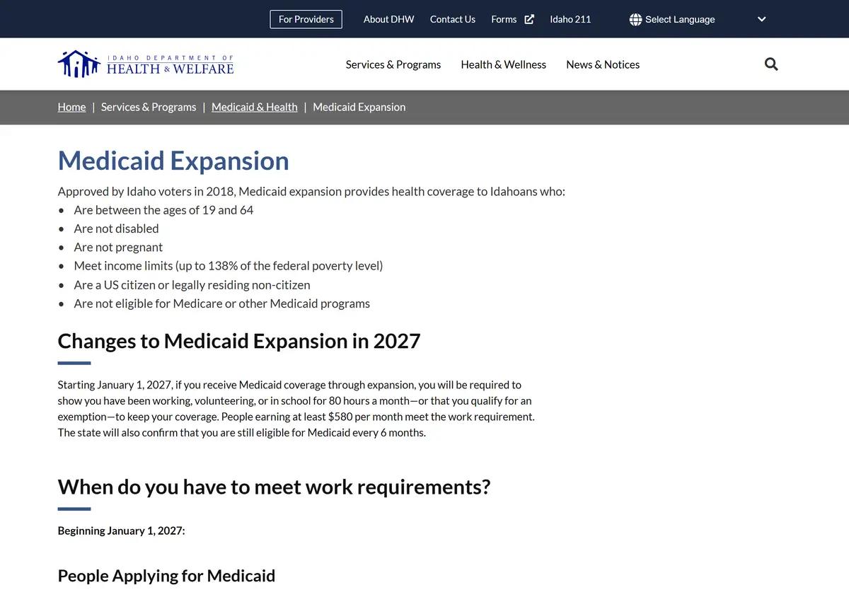 The Idaho Department of Health and Welfare Medicaid Expansion page.