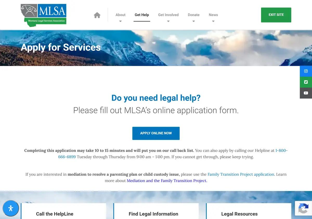 The Montana Legal Services Association apply-for-services page.
