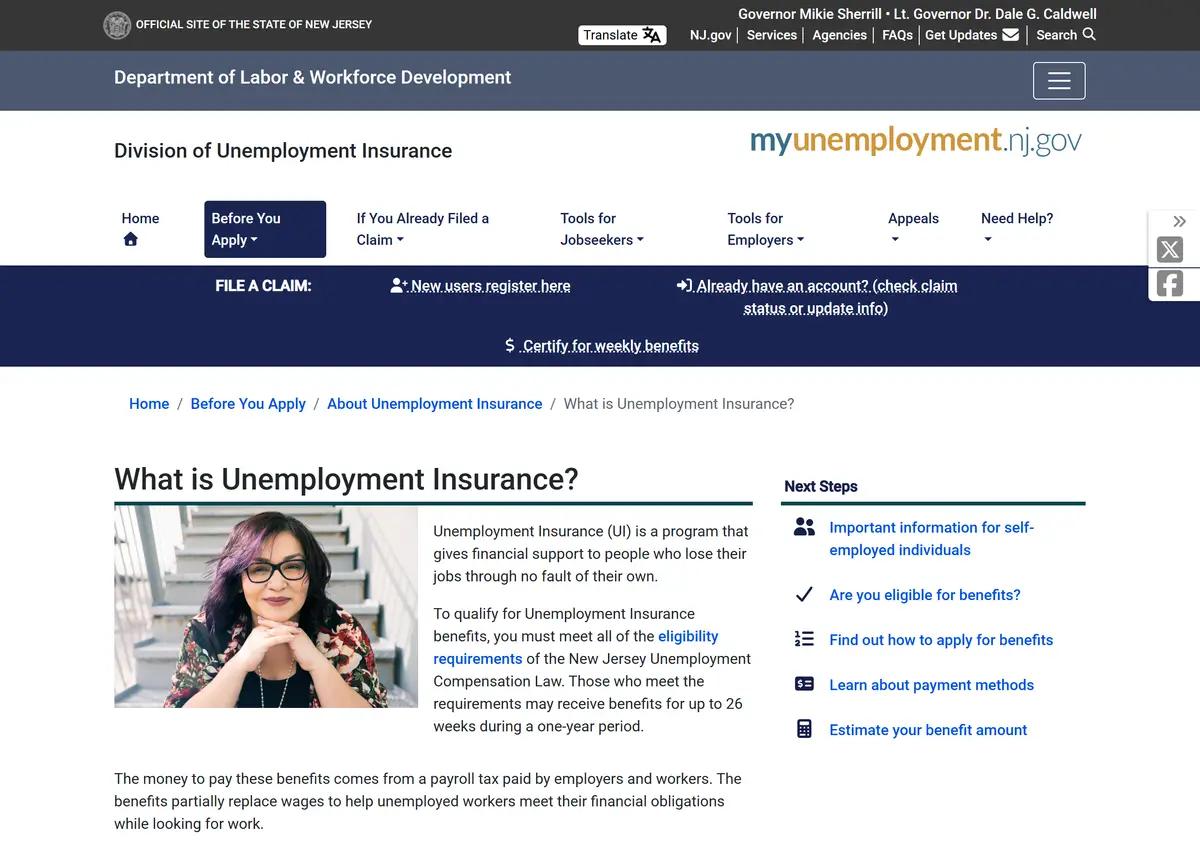 The New Jersey about-unemployment-insurance page.