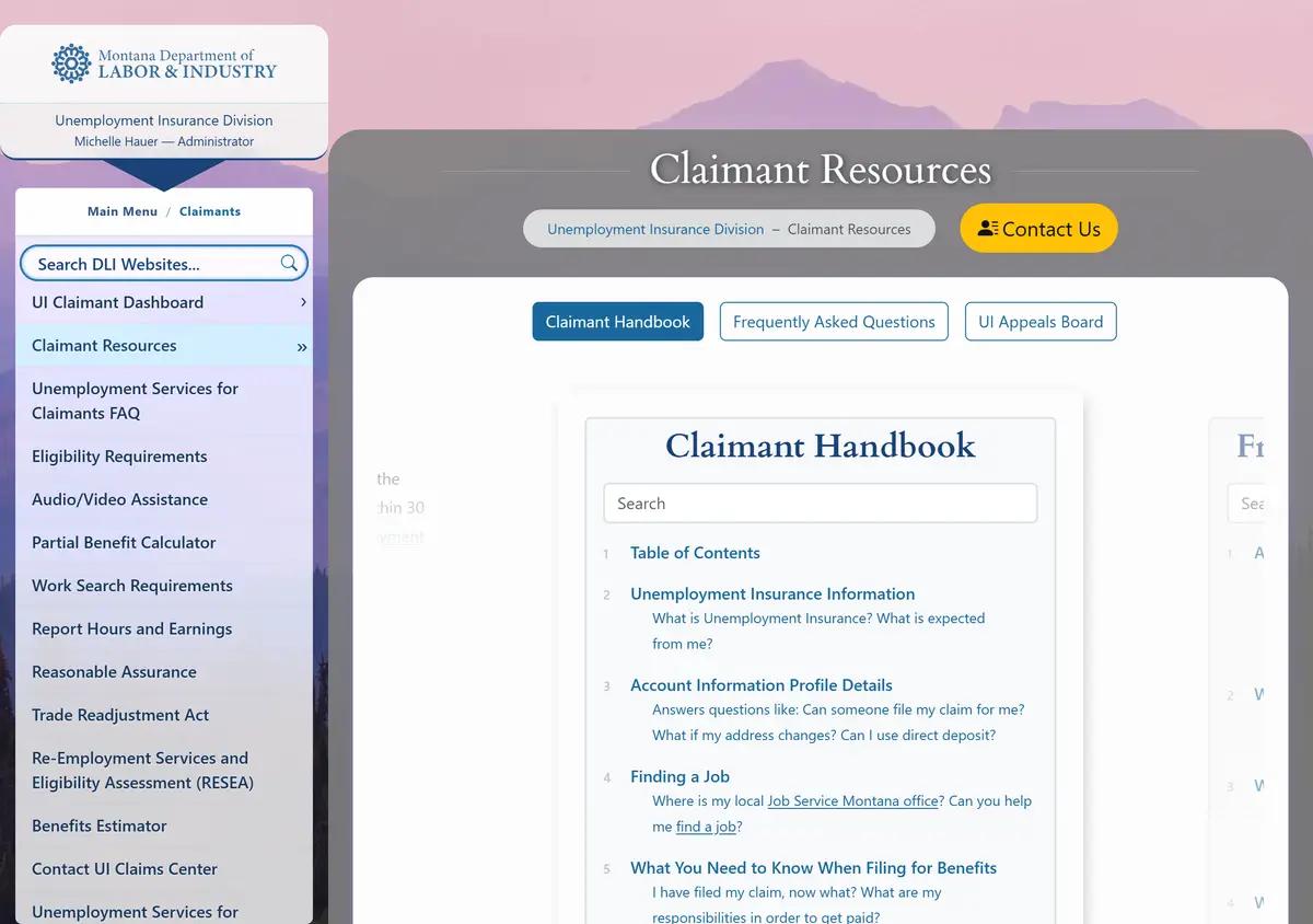 The Montana unemployment insurance claimant information page.
