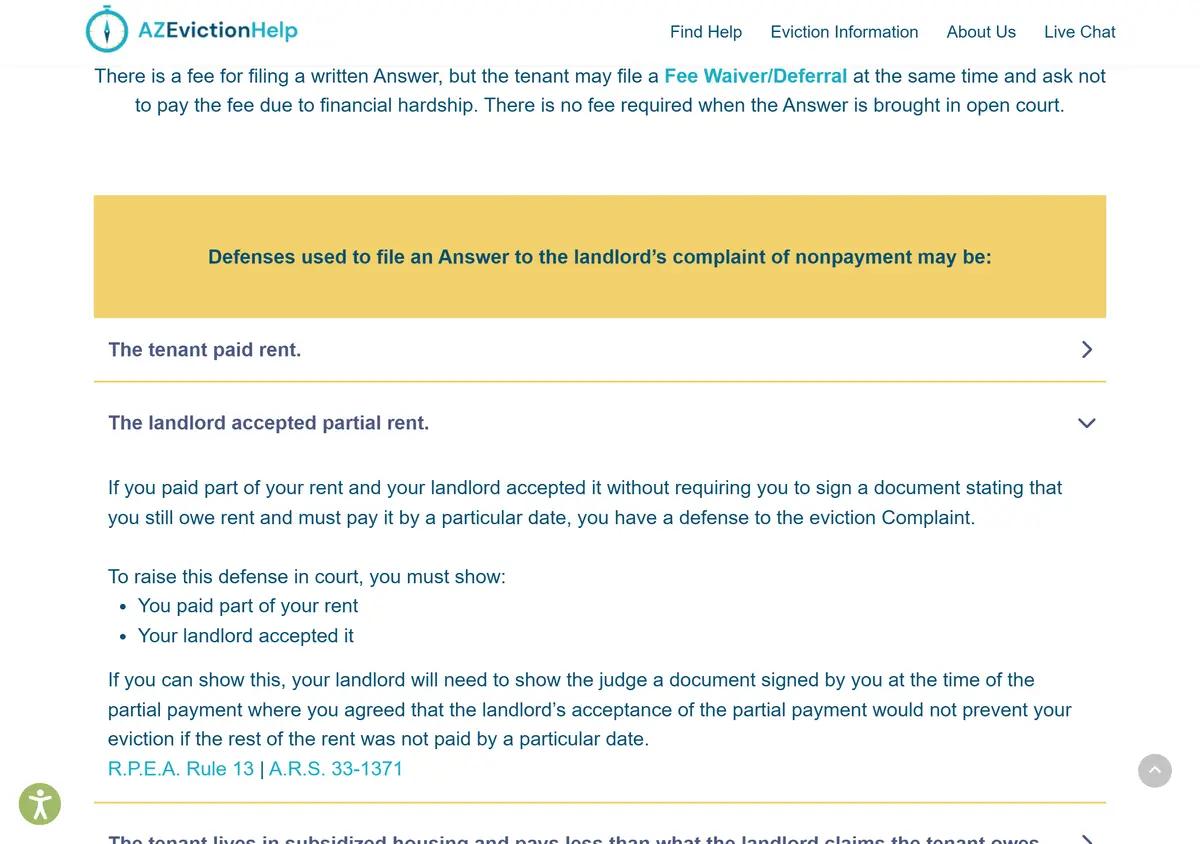 The AZEvictionHelp page on the 5-day nonpayment notice.