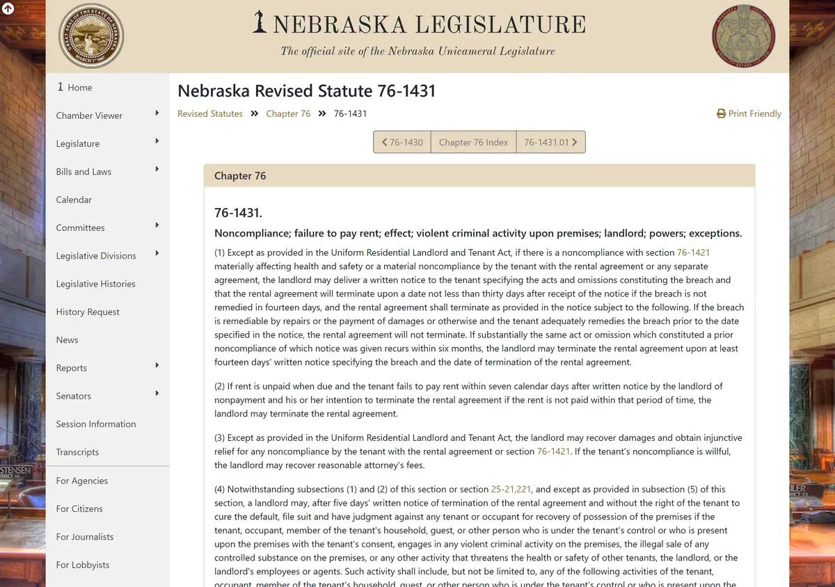 The Nebraska Legislature page for statute 76-1431 on landlord and tenant law.