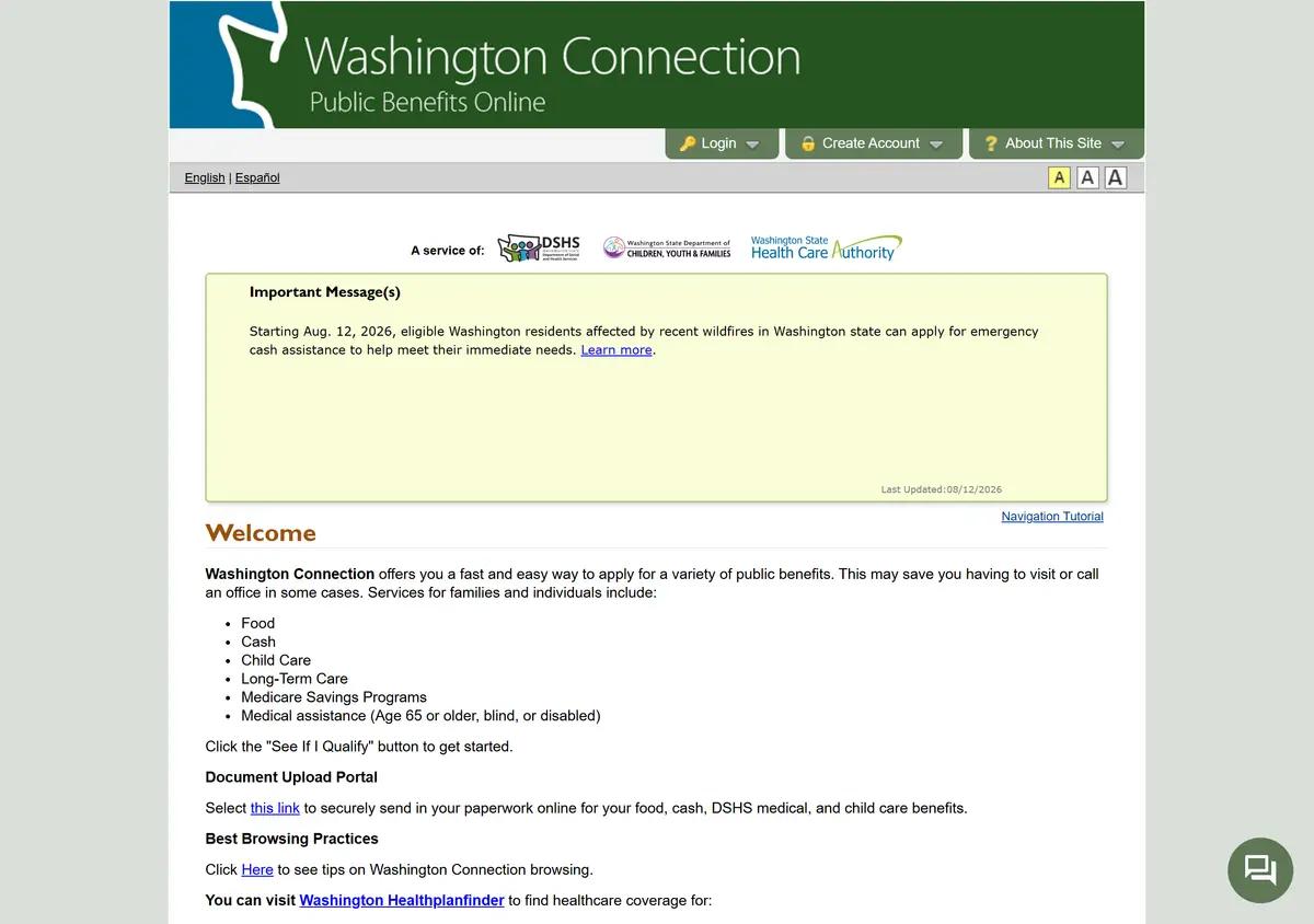 The Washington Connection portal with its apply and prescreening options.
