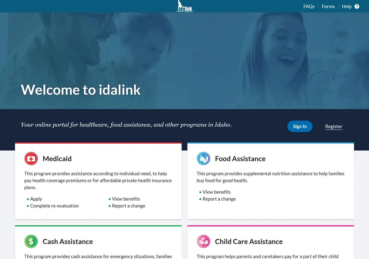 The idalink Idaho benefits portal sign-in page.