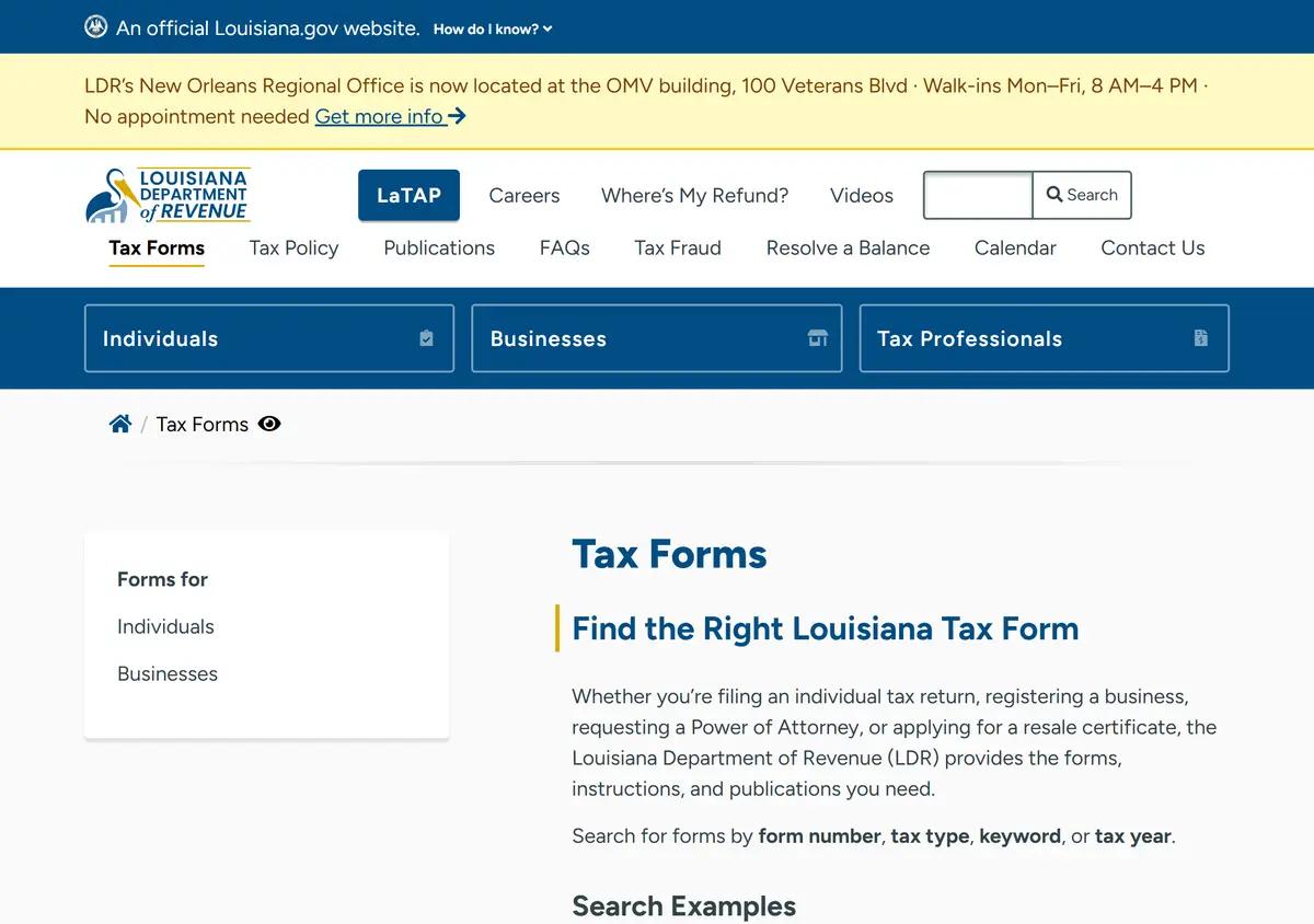 The Louisiana Department of Revenue tax forms page.