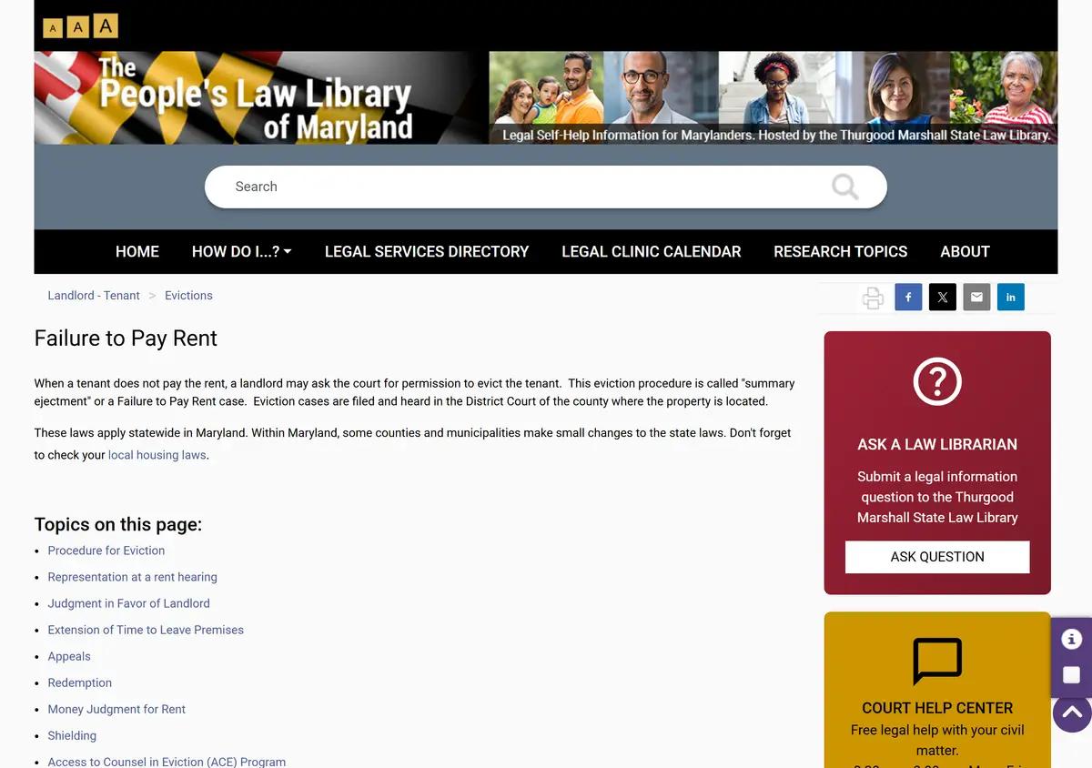 The Maryland People's Law Library page on failure to pay rent.
