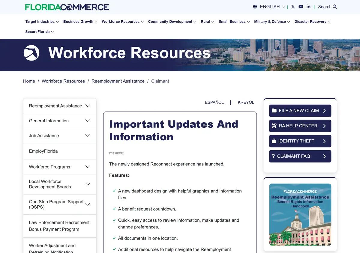 The Florida Reemployment Assistance claimants page.