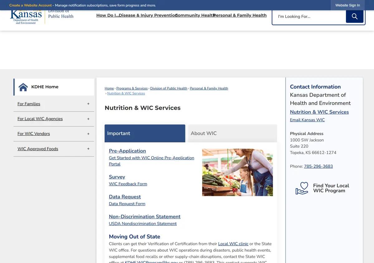 The Kansas KDHE WIC services page.