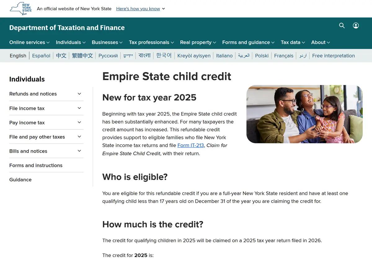 The Empire State Child Credit page showing the expanded per-child amounts.
