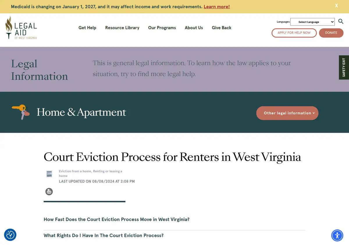 The Legal Aid of West Virginia court eviction process guide.