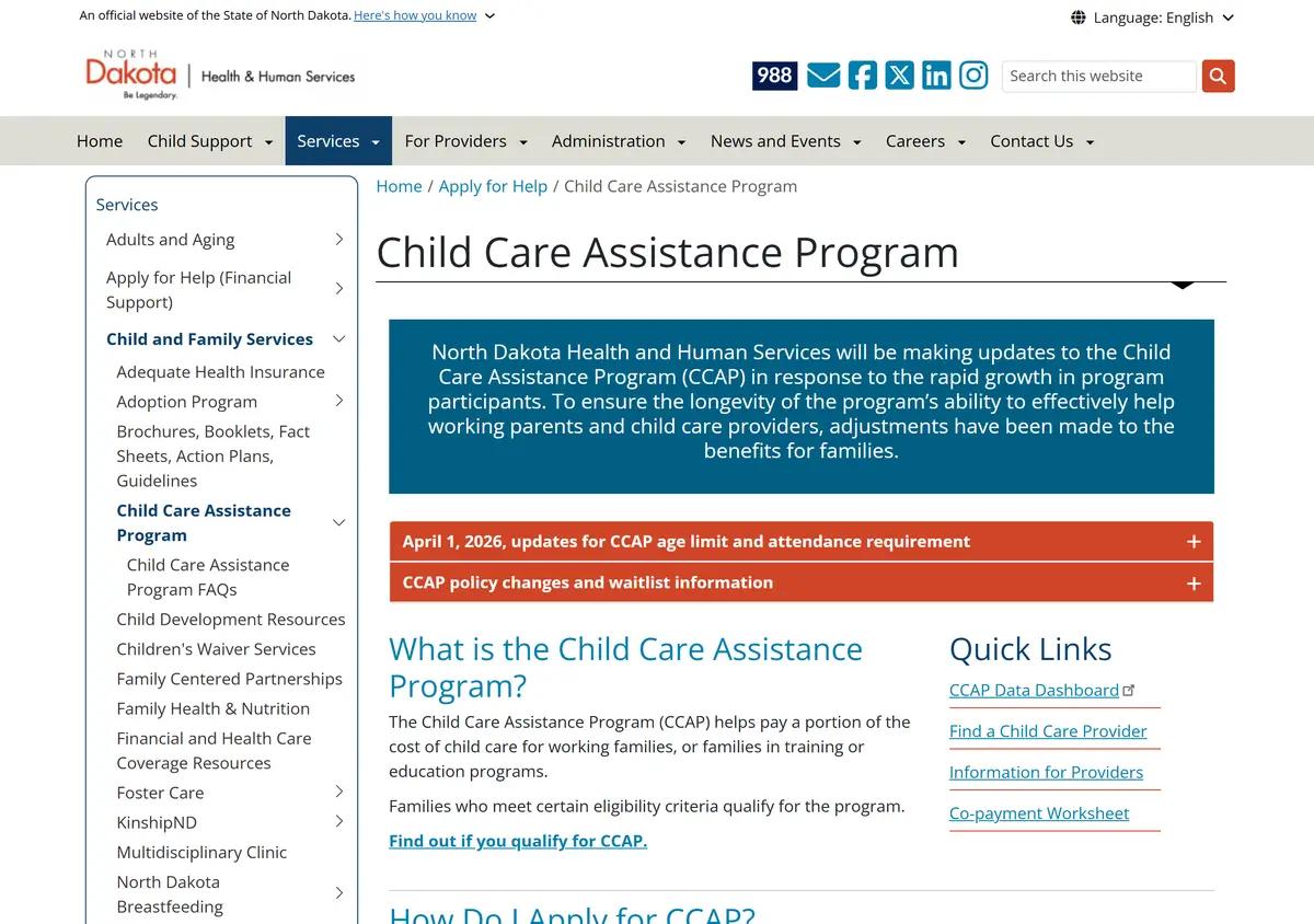 The North Dakota Child Care Assistance Program page.