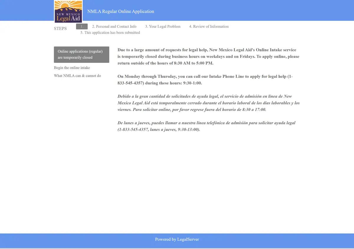 The New Mexico Legal Aid online intake application.