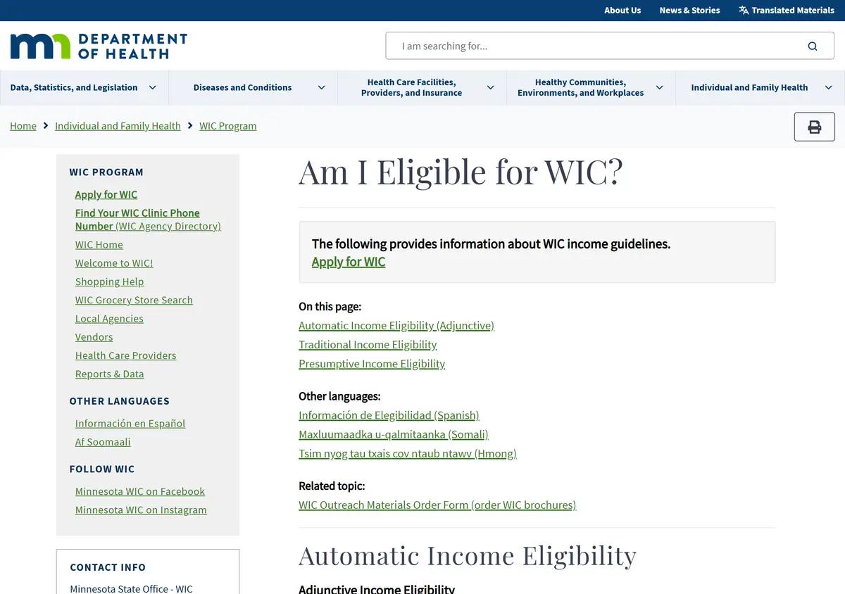 The Minnesota Department of Health WIC eligibility page.