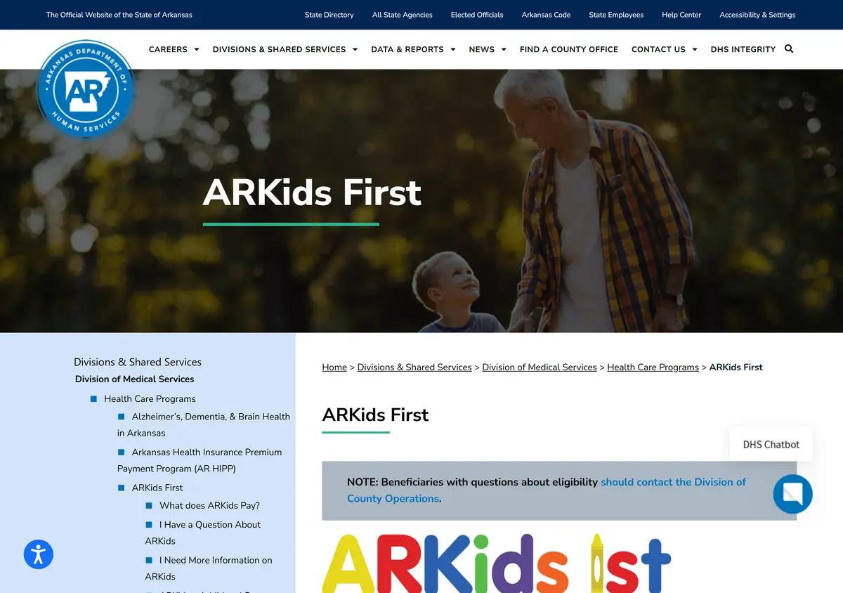 The Arkansas DHS ARKids First page.