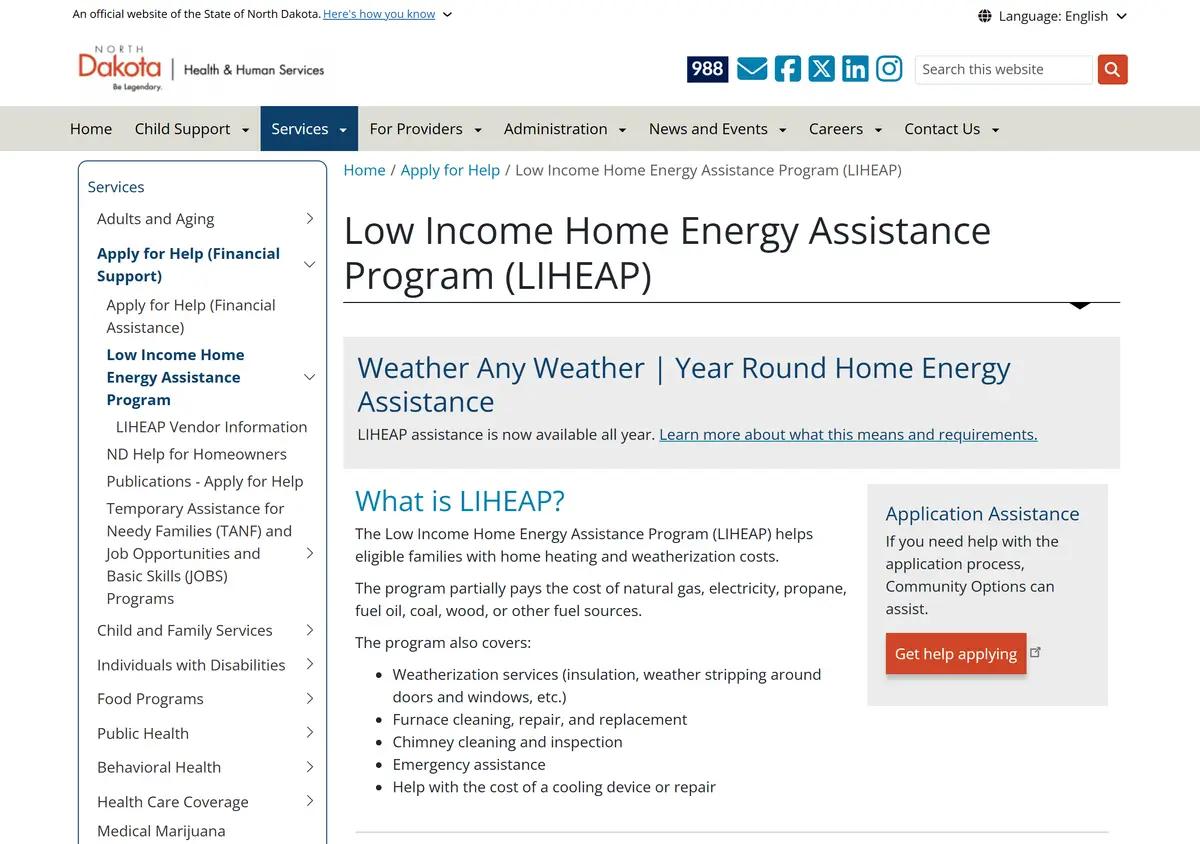 The North Dakota LIHEAP energy assistance page.