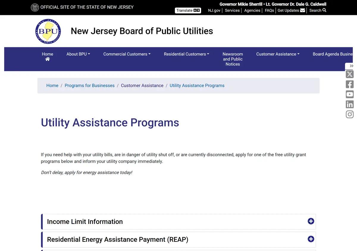 The Board of Public Utilities page listing USF, PAGE, and winter protections.