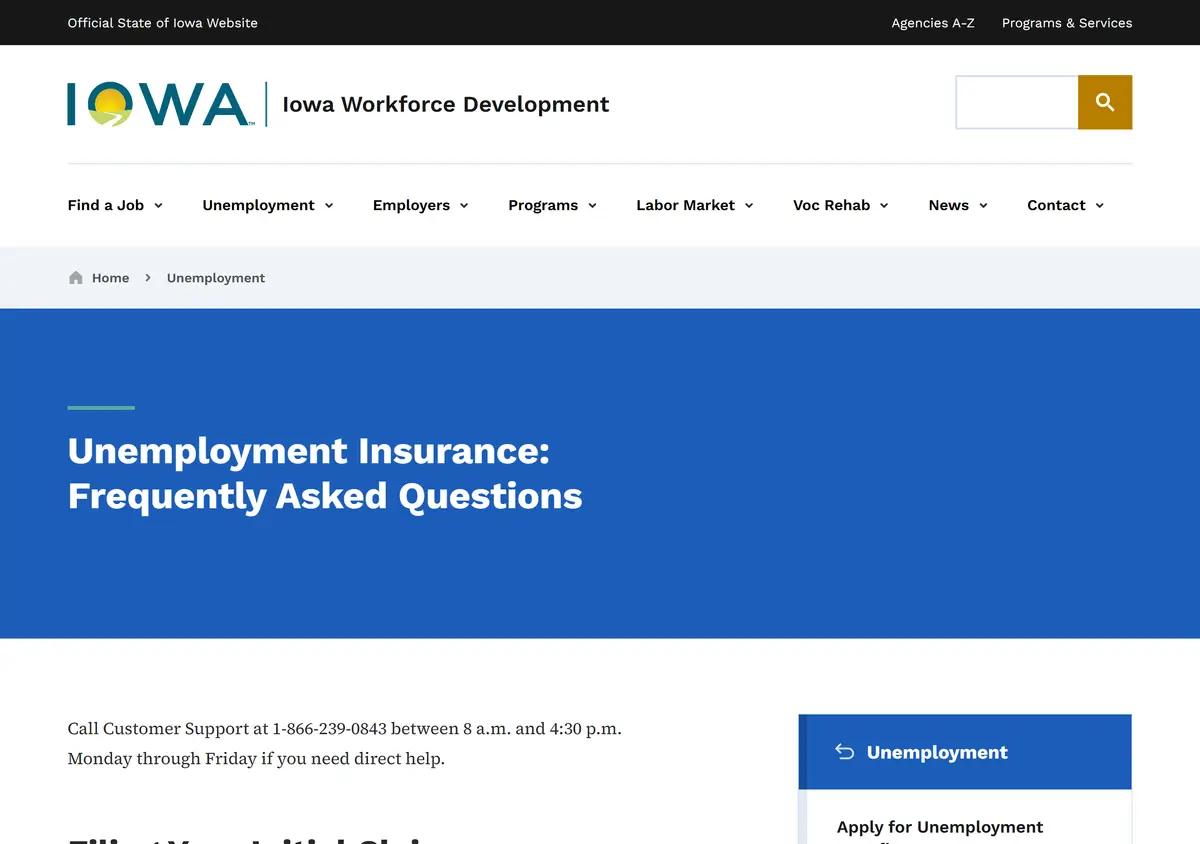 The Iowa Workforce Development unemployment FAQ page.