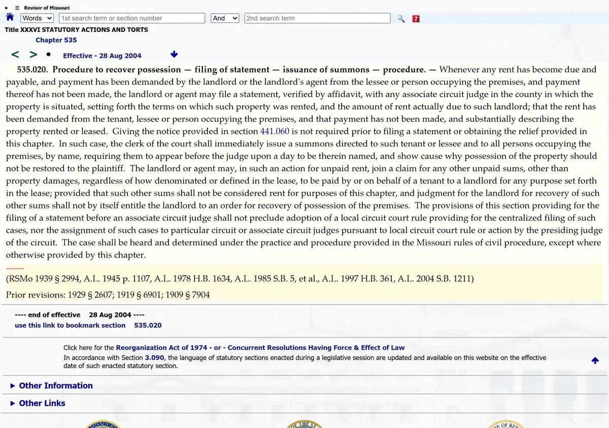 Missouri Statute 535.020 on rent and possession actions.