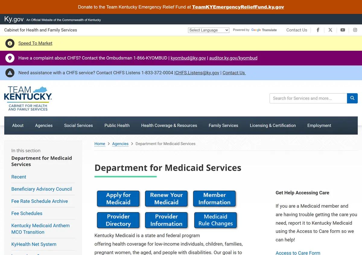 The Kentucky Department for Medicaid Services page.