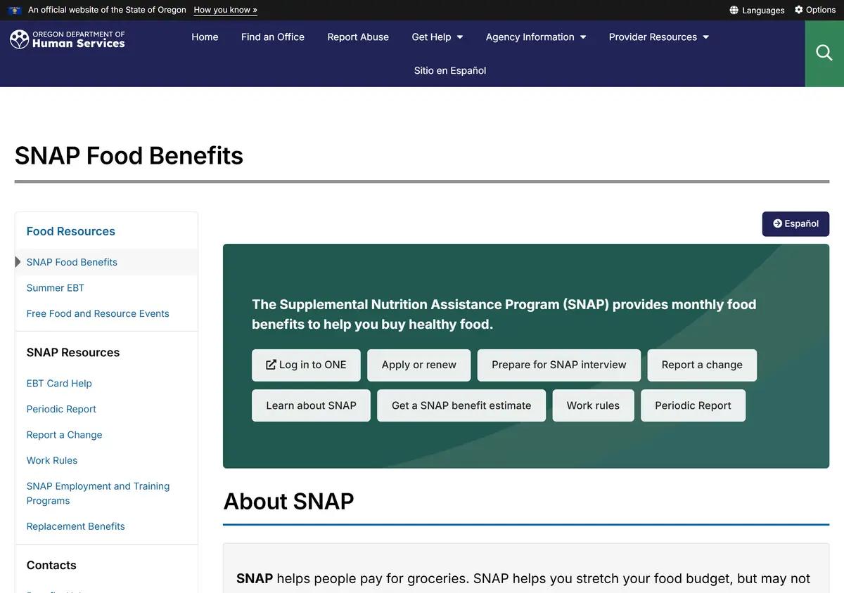 The Oregon ODHS SNAP program page.