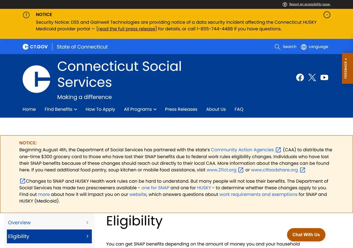 The Connecticut DSS SNAP eligibility page.