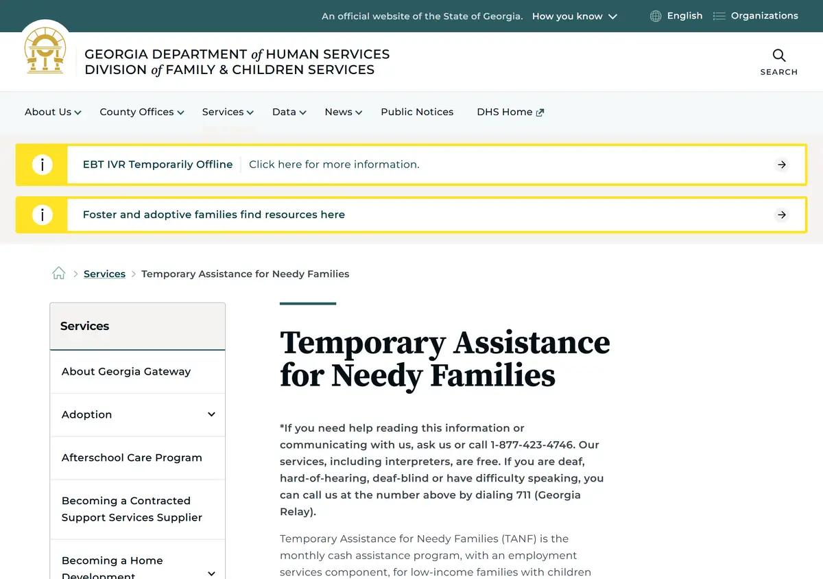 The Georgia DFCS TANF program page.