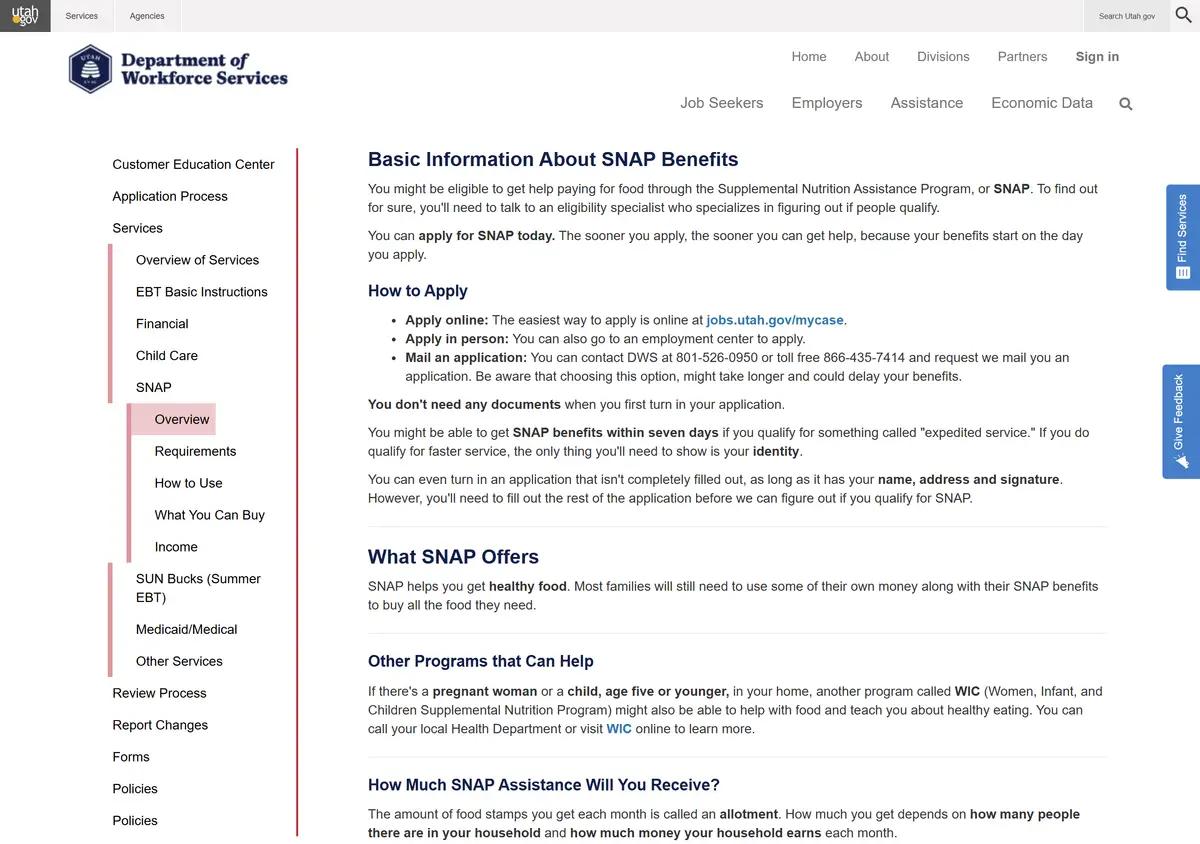The Utah Department of Workforce Services SNAP information page.