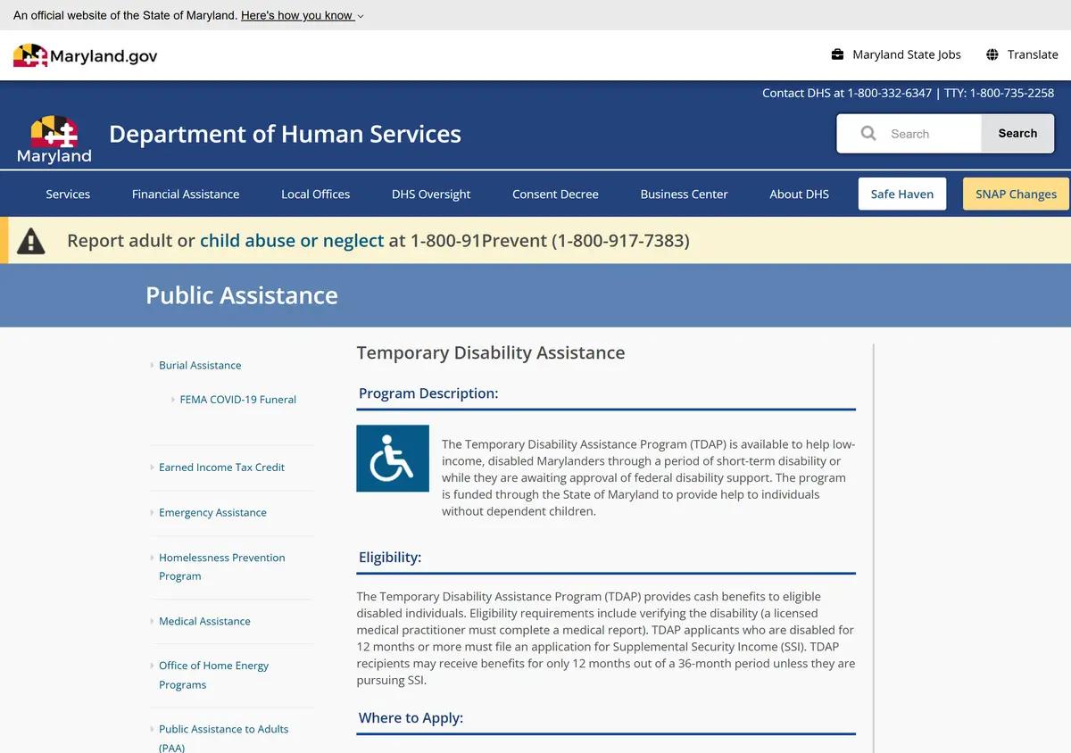 The Maryland DHS Temporary Disability Assistance Program page.