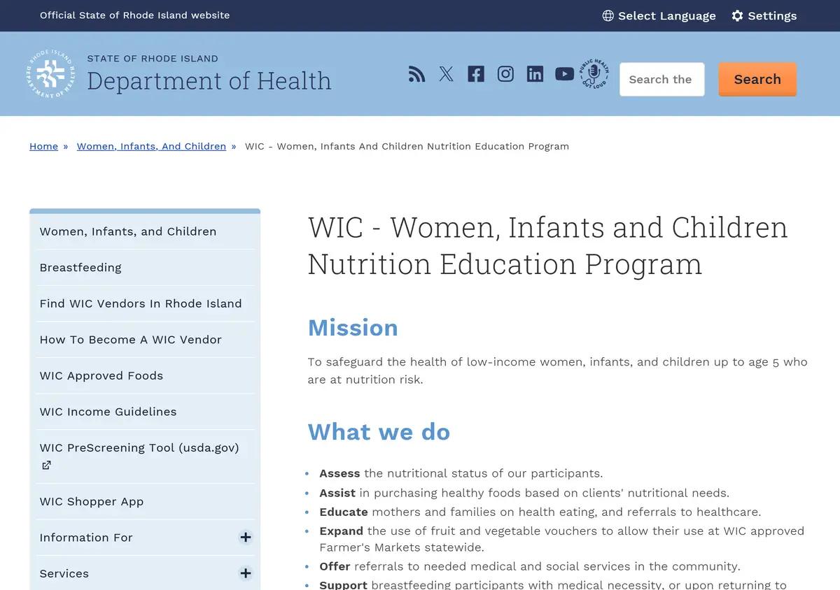 The Rhode Island Department of Health WIC page.