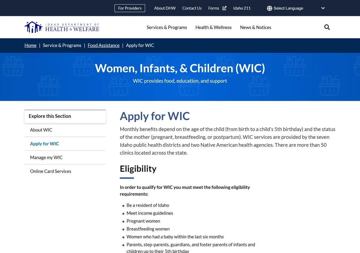 The Idaho Department of Health and Welfare apply-for-WIC page.