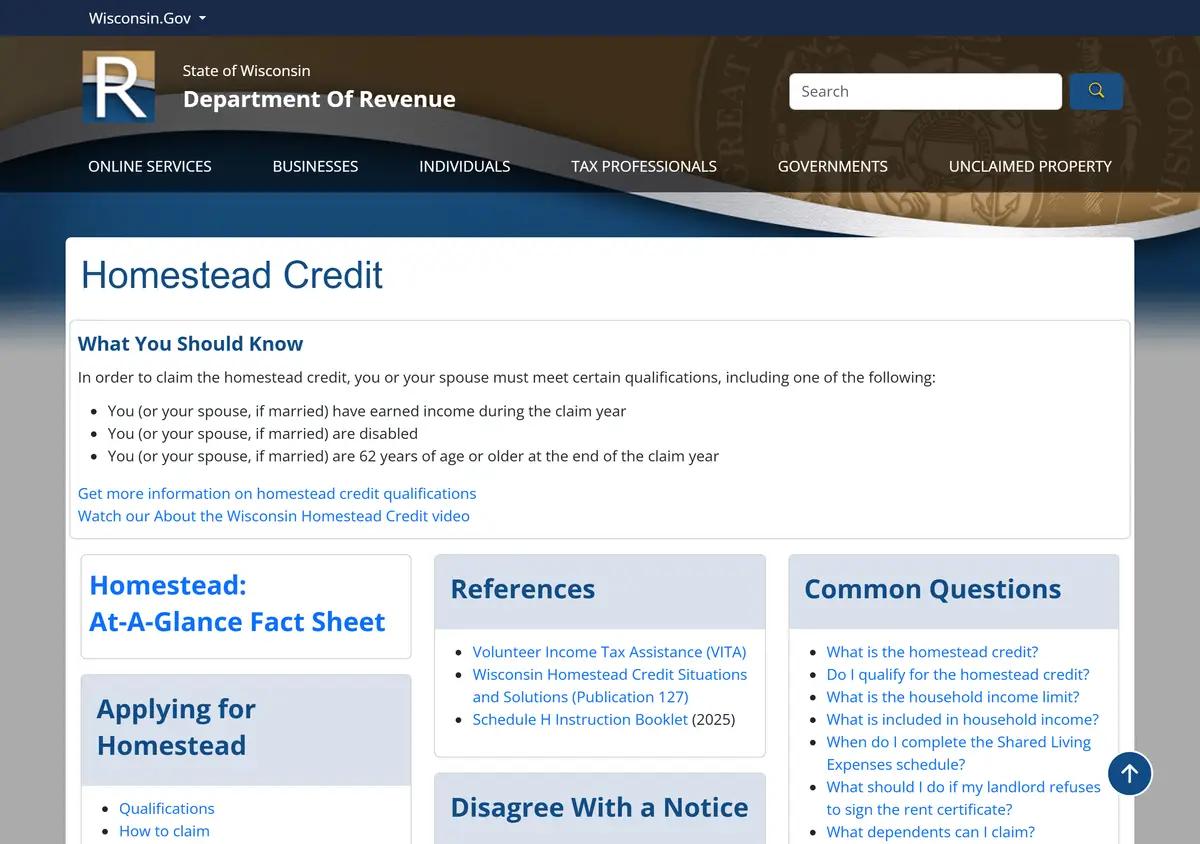 The Wisconsin Department of Revenue Homestead Credit page.