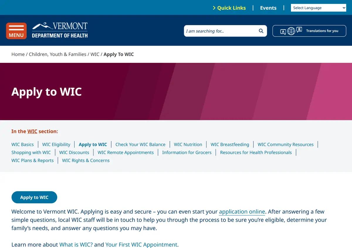 The Vermont WIC how-to-apply page.