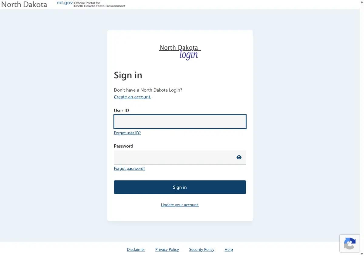 The North Dakota Self Service Portal sign-in.
