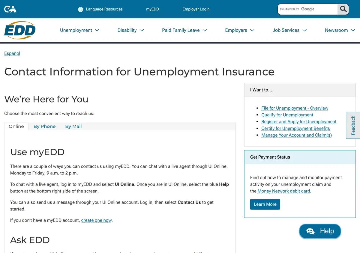 The California EDD unemployment contact page.