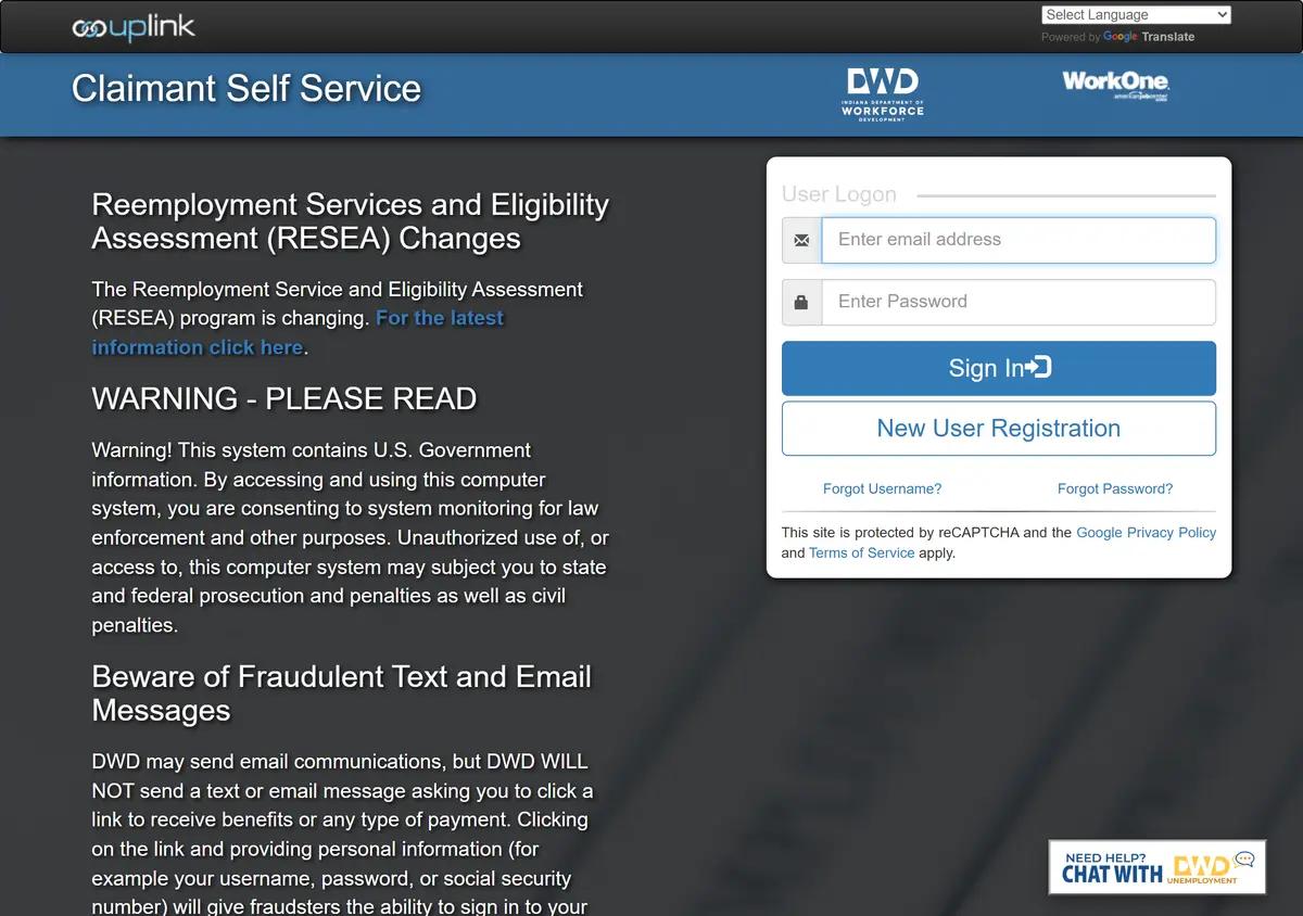The Indiana Uplink Claimant Self Service login.
