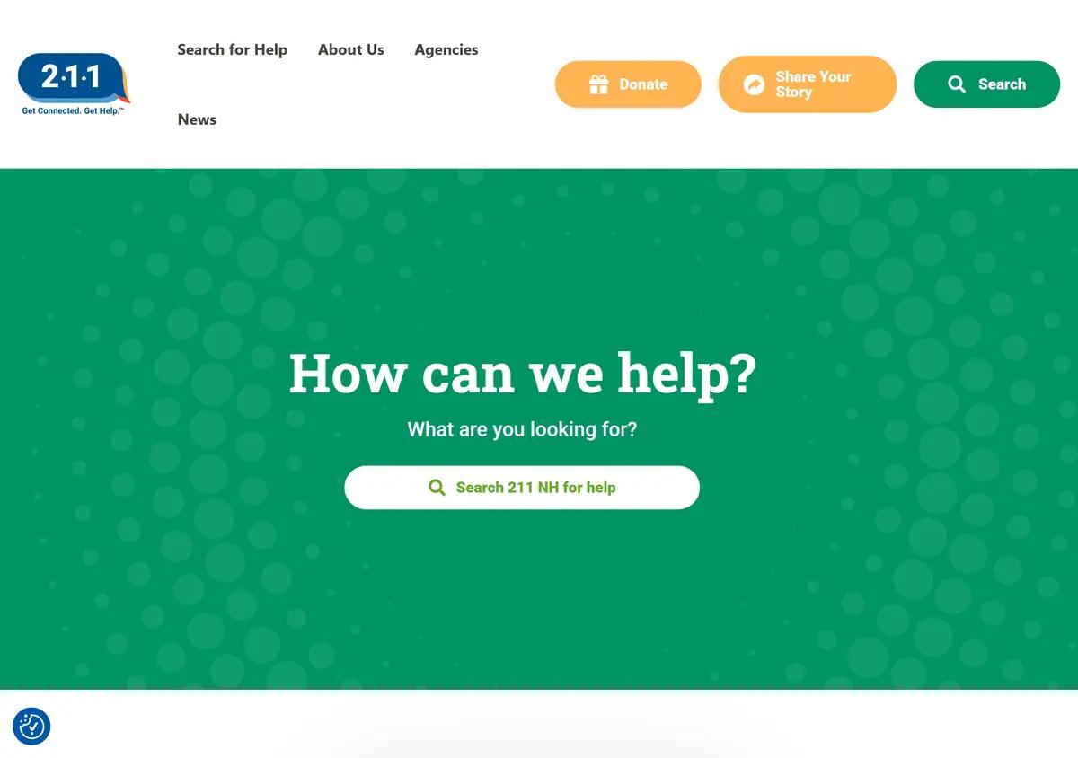 The 211 New Hampshire homepage.