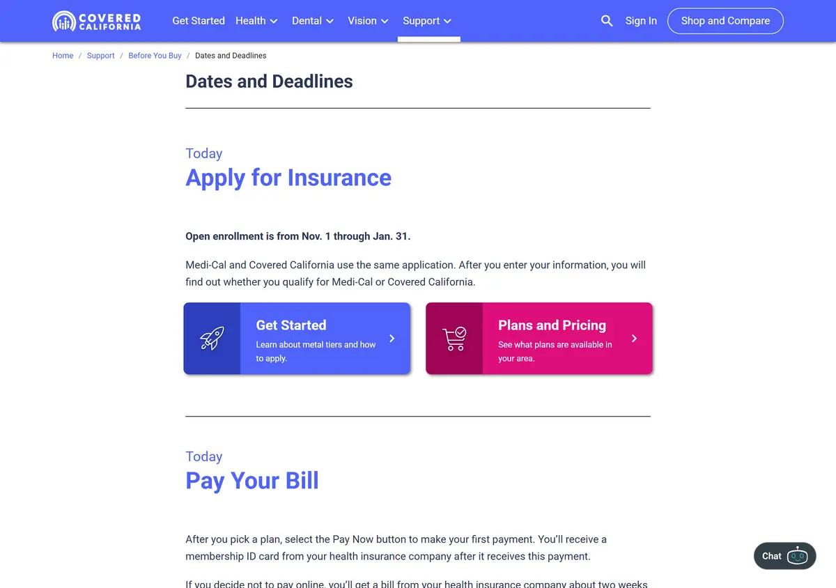 The Covered California enrollment dates and deadlines page.