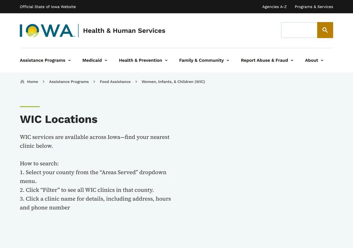 The Iowa HHS WIC clinic locator page.