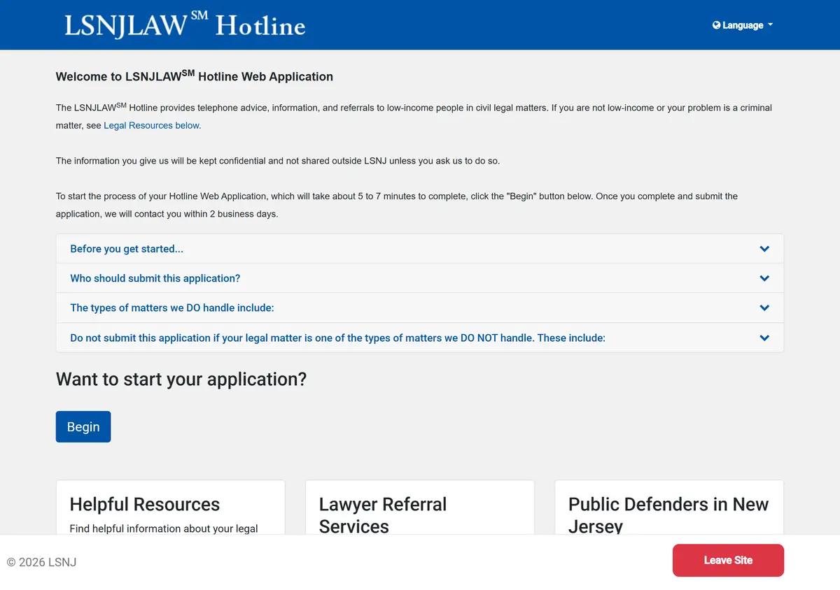 The LSNJ online intake portal.