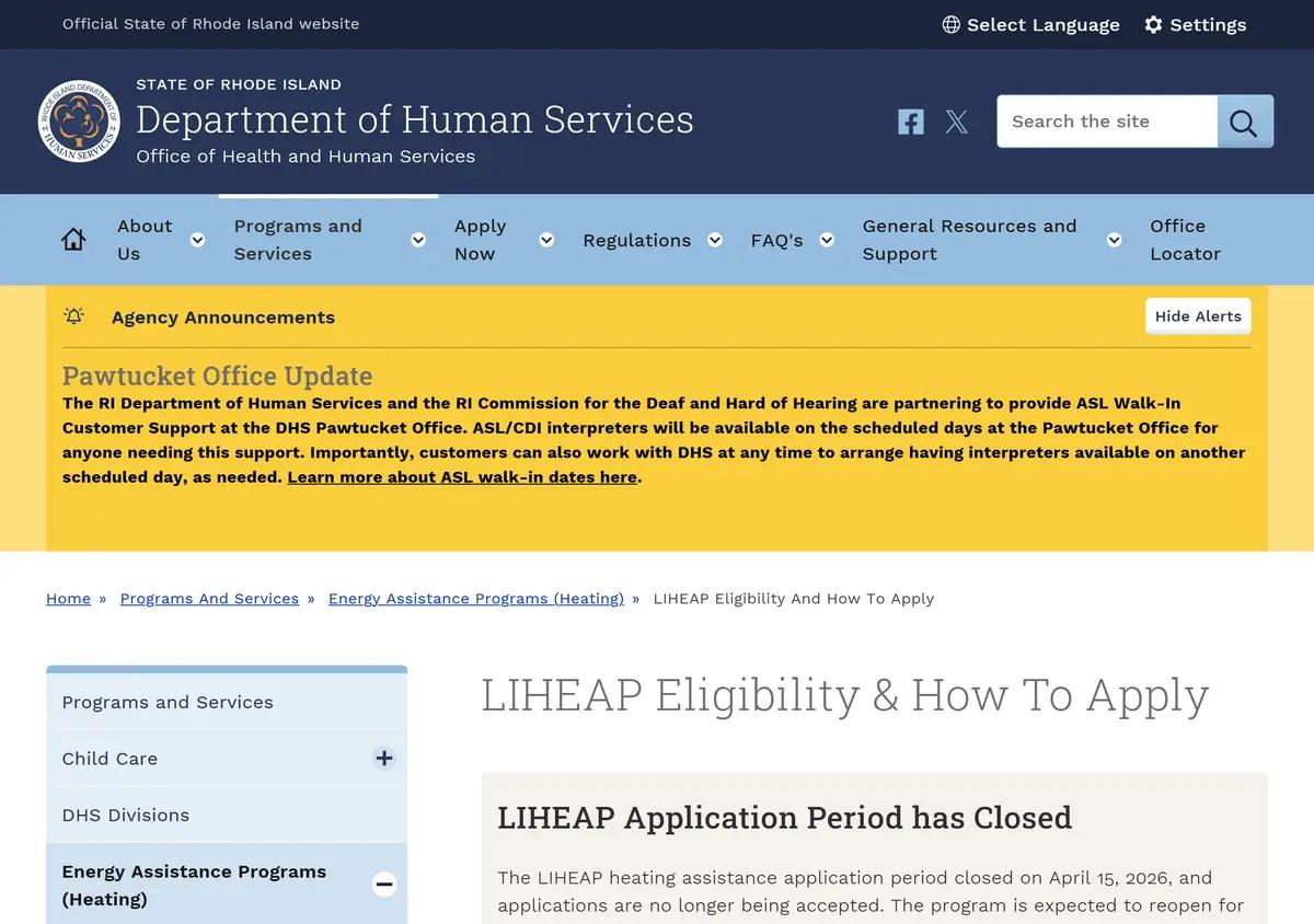 The Rhode Island DHS energy assistance page.