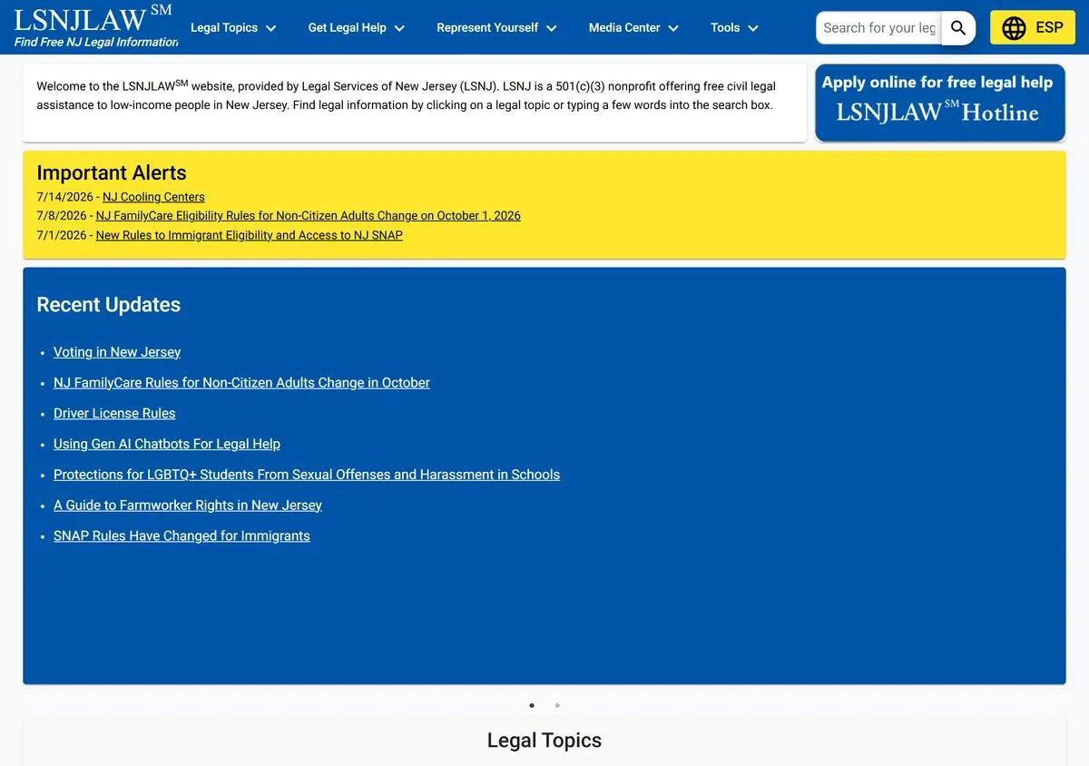 The LSNJLAW homepage with the statewide hotline number.