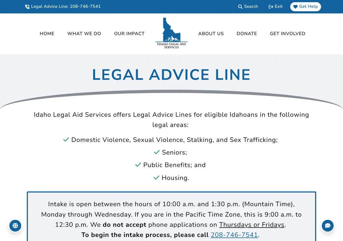 The Idaho Legal Aid Services Legal Advice Line page.